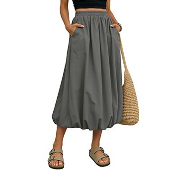 Women's Bubble Hem Midi Skirt with Pockets - Elastic Waist Flowy Casual Skirt for Summer & Spring