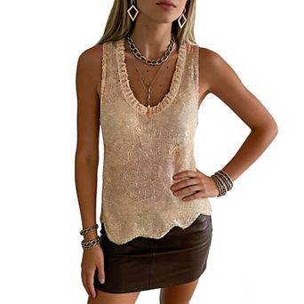 Women's V-Neck Sequin Knit Tank Top - Scalloped Hem Sleeveless Casual Summer Top