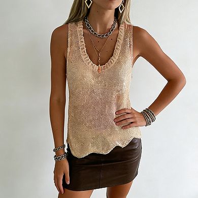 Women's V-Neck Sequin Knit Tank Top - Scalloped Hem Sleeveless Casual Summer Top