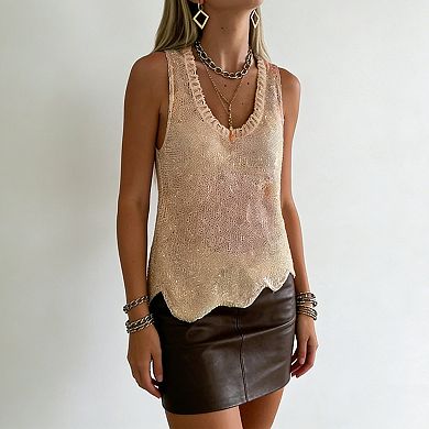 Women's V-Neck Sequin Knit Tank Top - Scalloped Hem Sleeveless Casual Summer Top