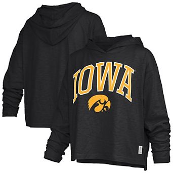 Women's Pressbox Black Iowa Hawkeyes Nelson Arch Over Logo Long Sleeve Hooded Slub T-Shirt