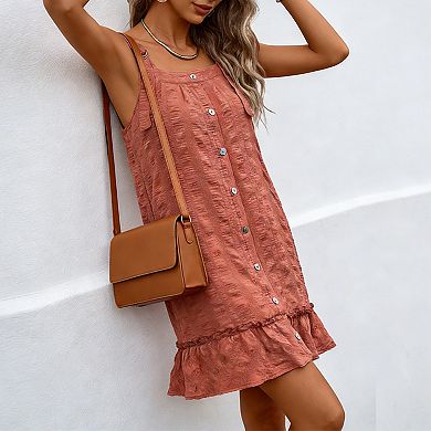 Women's Button Front Ruffle Hem Dress with Pockets - Adjustable Strap Casual Summer Mini Dress