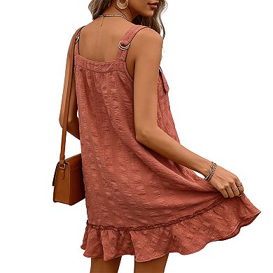 Women's Button Front Ruffle Hem Dress with Pockets - Adjustable Strap Casual Summer Mini Dress