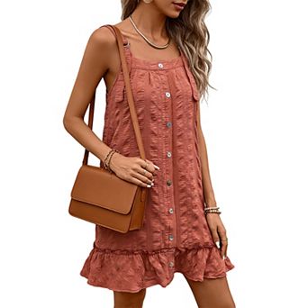 Women's Button Front Ruffle Hem Dress with Pockets - Adjustable Strap Casual Summer Mini Dress