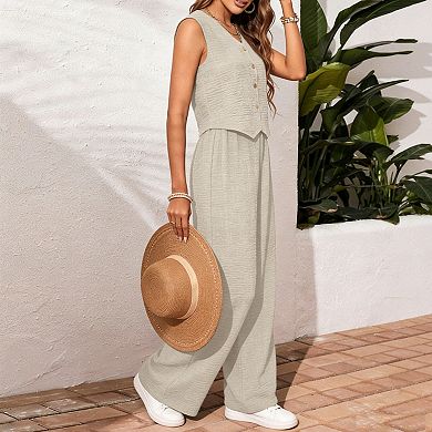 Women's 2 Piece Set - Sleeveless Button Front Vest with Elastic Waist Wide Leg Trousers