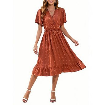 Women's V-Neck Midi Dress Swiss Dot Smocked Waist Ruffled Hem A Line Dress for Vacation Casual Wear