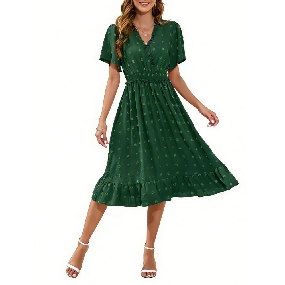 Женские платья V-Neck Midi Dress Swiss Dot Smocked Waist Ruffled Hem A Line Dress for Vacation Casual Wear