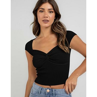 Women's Twist Front V Neck Short Sleeve Slim Fit Crop Top