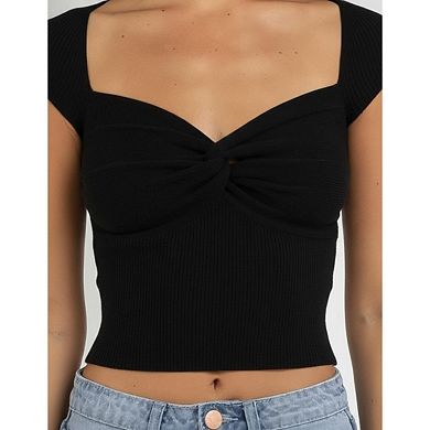 Women's Twist Front V Neck Short Sleeve Slim Fit Crop Top