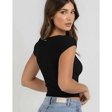 Women's Twist Front V Neck Short Sleeve Slim Fit Crop Top