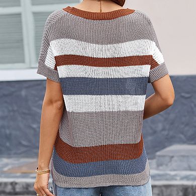 Women's Casual Striped Knit Top Loose Short Sleeve Crew Neck Pullover Sweater for Summer