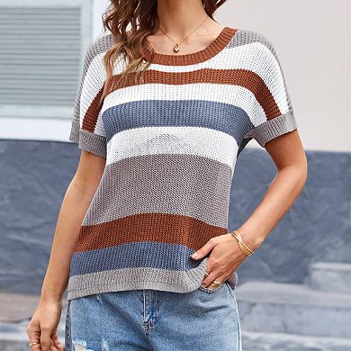 Women's Casual Striped Knit Top Loose Short Sleeve Crew Neck Pullover Sweater for Summer