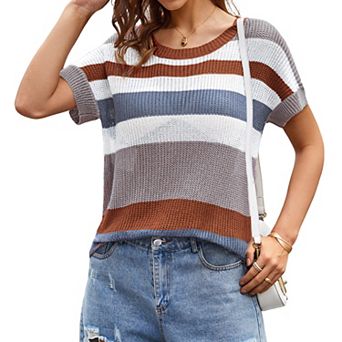 Women's Casual Striped Knit Top Loose Short Sleeve Crew Neck Pullover Sweater for Summer