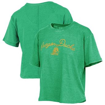 Women's Pressbox Green Oregon Ducks Vintage Waist Length Script Over Logo T-Shirt