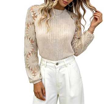 Women's Flared Bell Sleeve Lace Blouse - Ribbed Knit Round Neck Casual Top with Sheer Raglan Detail