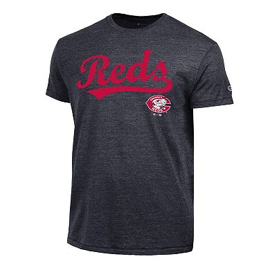 Men's Champion Black Cincinnati Reds Cooperstown Wordmark Lockup Tri-Blend T-Shirt