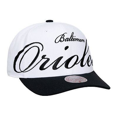 Unisex Mitchell & Ness White/Black Baltimore Orioles XL Script Pro Crown Snapback Hat