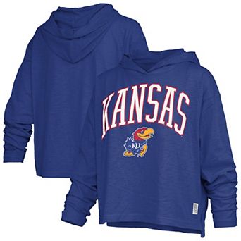 Women's Pressbox Royal Kansas Jayhawks Nelson Arch Over Logo Long Sleeve Hooded Slub T-Shirt