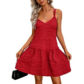 Crisscross Back V-Neck Ruffle Hem Dress for Women - Sleeveless Flowy Textured Mini Summer Sundress