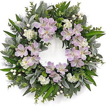 24-Inch Spring Lambs Ear and Eucalyptus Wreath with Floral Accents.