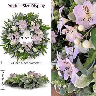 24-Inch Spring Lambs Ear and Eucalyptus Wreath with Floral Accents.