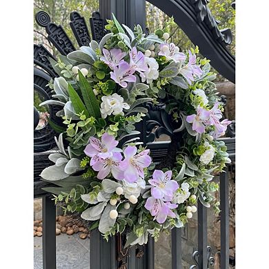 24-Inch Spring Lambs Ear and Eucalyptus Wreath with Floral Accents.