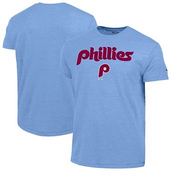 Men's Champion Light Blue Philadelphia Phillies Cooperstown Wordmark Lockup Tri-Blend T-Shirt