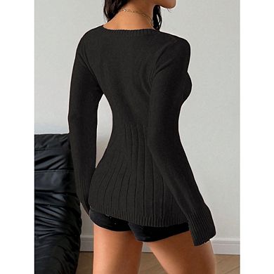 Women's Square Neck Front Cable Knit Sweater Preppy Ribbed Long Sleeve Babydoll Pullover Top
