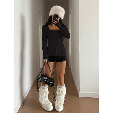 Women's Square Neck Front Cable Knit Sweater Preppy Ribbed Long Sleeve Babydoll Pullover Top