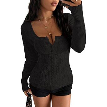 Women's Square Neck Front Cable Knit Sweater Preppy Ribbed Long Sleeve Babydoll Pullover Top