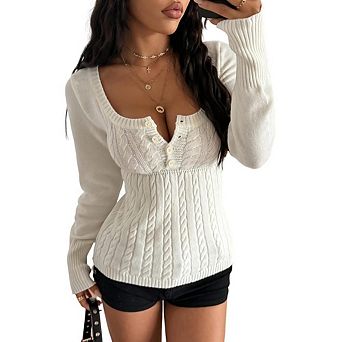 Women's Square Neck Front Cable Knit Sweater Preppy Ribbed Long Sleeve Babydoll Pullover Top