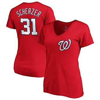 Women's Majestic Max Scherzer Red Washington Nationals Name & Number V-Neck T-Shirt