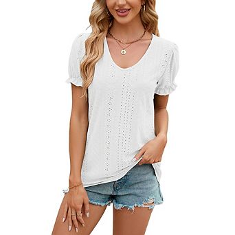 Women Eyelet Puff Sleeve V-Neck Blouse Casual Short Sleeve Top