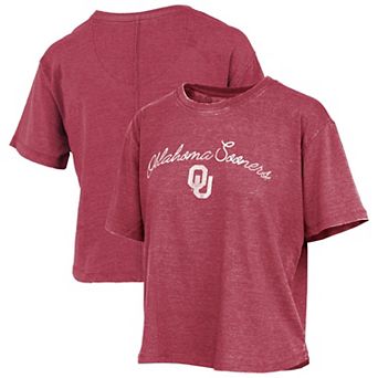 Women's Pressbox Crimson Oklahoma Sooners Vintage Waist Length Script Over Logo T-Shirt