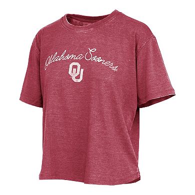 Women's Pressbox Crimson Oklahoma Sooners Vintage Waist Length Script Over Logo T-Shirt
