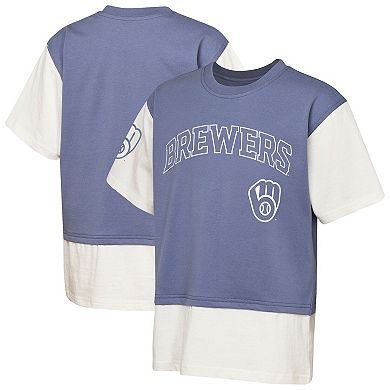 Youth Outerstuff Navy/Cream Milwaukee Brewers Ultimate Pastels Premium Double Run T-Shirt
