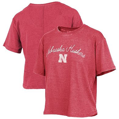 Women's Pressbox Scarlet Nebraska Huskers Vintage Waist Length Script Over Logo T-Shirt