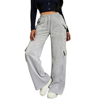 Women's Cargo Sweatpants Wide Leg Drawstring Elastic High Waisted Casual Pockets Pants Soft Joggers