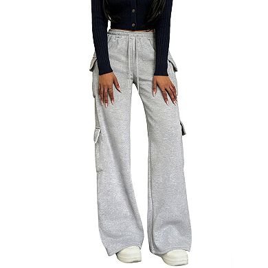 Women's Cargo Sweatpants Wide Leg Drawstring Elastic High Waisted Casual Pockets Pants Soft Joggers