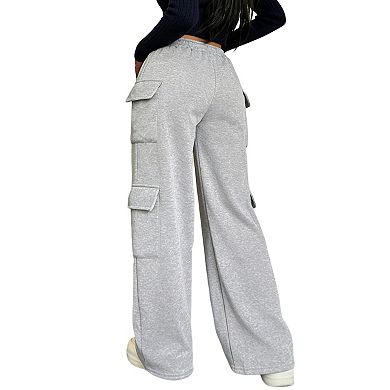 Women's Cargo Sweatpants Wide Leg Drawstring Elastic High Waisted Casual Pockets Pants Soft Joggers
