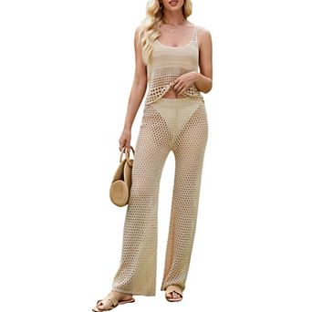 Women's 2 pc Crochet Outfits - Sleeveless Crop Top and High Waisted Wide Leg Pants Matching Set