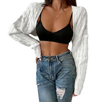 Women's Cropped Knit Cardigan Long Sleeve Open Front Crop Sweater Top