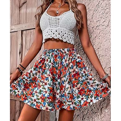 Women's Plus Size Elegant Printed Elastic Waist Drawstring Shorts
