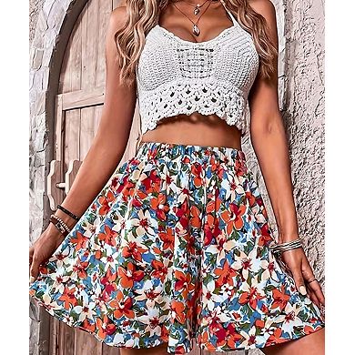 Women's Plus Size Elegant Printed Elastic Waist Drawstring Shorts
