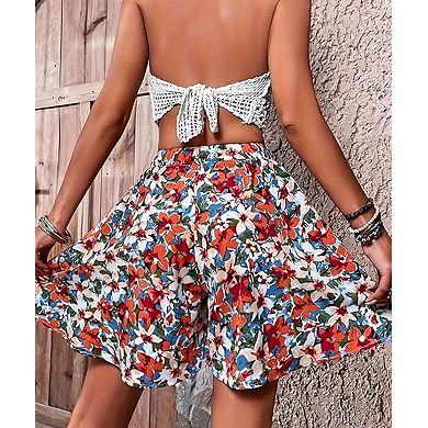Women's Plus Size Elegant Printed Elastic Waist Drawstring Shorts