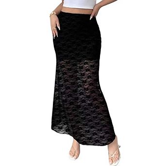 Women's Plus Size Floral Print Mesh Long Skirt Low Waisted Y2k Flare Hem Fishtail Skirts