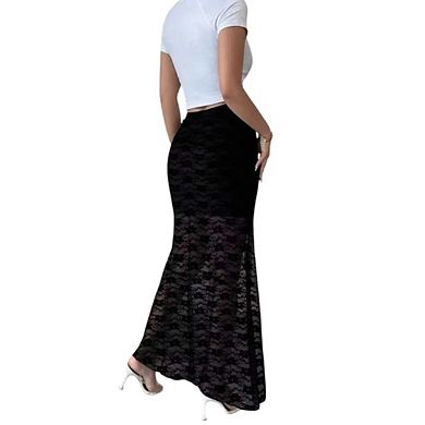 Women's Plus Size Floral Print Mesh Long Skirt Low Waisted Y2k Flare Hem Fishtail Skirts