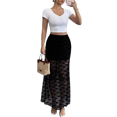 Women's Plus Size Floral Print Mesh Long Skirt Low Waisted Y2k Flare Hem Fishtail Skirts