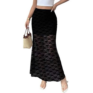 Women's Plus Size Floral Print Mesh Long Skirt Low Waisted Y2k Flare Hem Fishtail Skirts