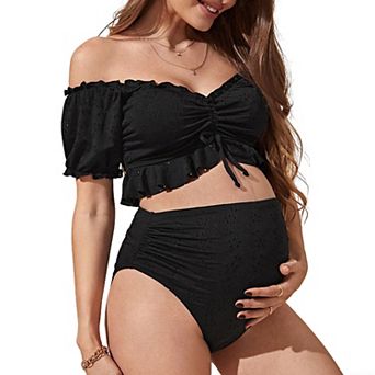 Off Shoulder Top and Ruffled Ruched Side Shorts - Two Piece Swimsuit for Women